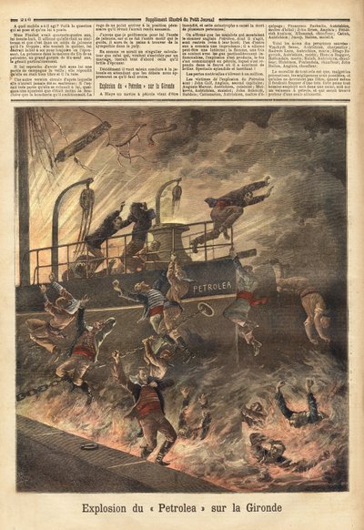 A „Petrolea”, egy olajszállító angol gőzhajó felrobbanása Blaye-ben, a Gironde-on. Metszet a „” Le petit journal”-ban 1892.04.06. Selva gyűjteménye. alkotó: Unknown artist