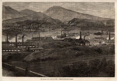A Taff-völgy gyárai. Durand Brager rajza, L. Simonin 1862-es walesi nagyobb gyáraiban tett látogatásának illusztrálására. Gravírozás a „Le tour du monde”-ban, szerkesztette Edouard Charton alkotó: Unknown artist