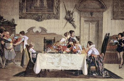 Az elsőszülött fiú utód, a szülésznő megmutatja az újszülött fiút a család többi tagjának alkotó: Unknown artist