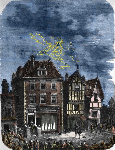 Az első villámhárító, amelyet Benjamin Franklin (1706-1790) épített egy philadelphiai (USA) házban. 1760. alkotó: Unknown artist