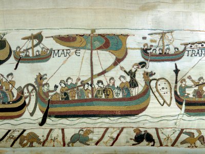 I. Hódító Vilmos (1027-1087) flottája átkel a Csatornán Anglia felé. Bayeux gobelin vagy Mathilde királynő hímzése alkotó: Unknown artist
