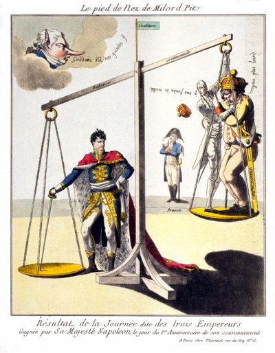 Milord Pit orrának lába - Az úgynevezett három császár napjának eredménye - Napóleon őfelsége nyerte meg koronázásának 1. évfordulóján. Karikatúra I. Napóleonról és a 3. koalícióról (Nagy-Britanniát William Pi képviseli alkotó: Unknown artist