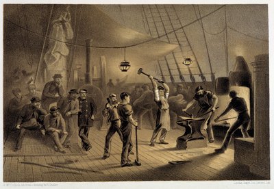A kovács a fedélzeten. Augusztus 9-én éjszaka előkészíti az ifonlemezt a kapsztánhoz – W. H. Russel „The Atlantic Telegraph” című könyvében, kb. 1860 alkotó: Unknown artist