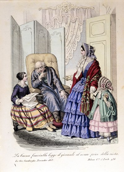 A lány felolvassa a lapot a nagyapjának, aki elvesztette látását. A „The ore casalinghe”-ből, 1853. november. alkotó: Unknown artist