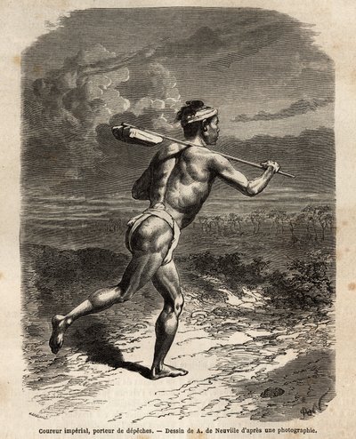 A birodalmi futó, aki a Mikado depeches-t viszi. Aime Humbert, a Svájci Államszövetség minisztere által az 1863-1864-es japán utazást illusztráló metszet az Edoua irányítása alatt megjelent „” Le tour du monde, nouveau Journal des voyages” című kiadványban alkotó: Unknown artist