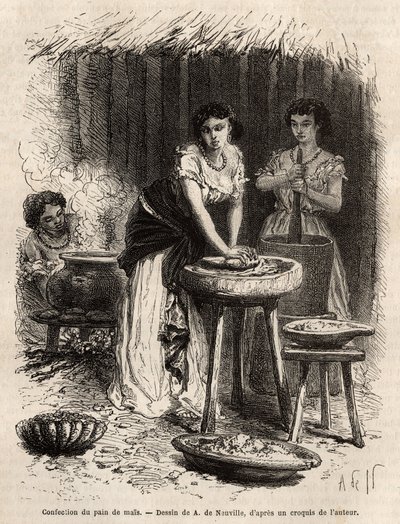 Az élelmiszer alapját képező kukoricakenyér gyártása a Great Cauca Valley (Kolumbia) női által. Dr. Saffray 1869-es metszete az új-granadai utazás szemléltetésére, megjelent a „Le tour du monde”” 1873-ban, szerkesztette Edouard Charton, Hachet kiadás alkotó: Unknown artist