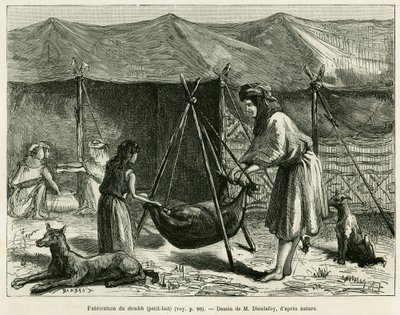 Tejgyártás a Karoun régió pásztorasszonyai által. Jane Delafoy (1851-1916), akadémiai tiszt, a La Perse, la Chaldee et la Susiane című metszet a le tour du monde 1886-ban, rendezte: Edouard Charton (1807-1890), Ha alkotó: Unknown artist
