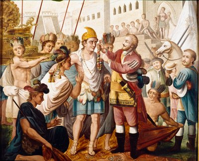 Hernan (vagy Hernando) Cortes vagy Fernand Cortez (1485-1547) és Montezuma azték király (vagy Moctezuma: 1466 - 1520) találkozása 1519 novemberében A 19. századi névtelen festmény. Amerika Múzeum, Madrid. alkotó: Unknown artist