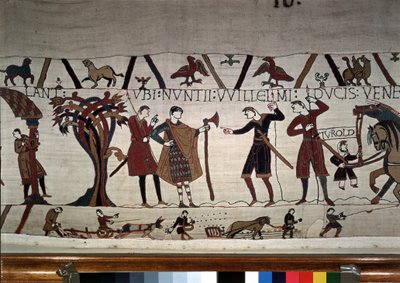 Guillaume herceg (1027-1087) hírnökei megkeresik Guy de Ponthieu-bayeux-i kárpit, amelyet Mathilde királynő hímzéseként ismernek. alkotó: Unknown artist