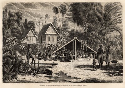 Kerámiagyártás Saniabouryban (Laosz). Metszet az indokínai felfedezőút illusztrálására, Francis Garnier, de Vaissseau hadnagy 1866-1868-ban, megjelent a „Le tour du monde”” 1870-1871-ben, szerkesztette Edouard Charton, Hac kiadás alkotó: Unknown artist