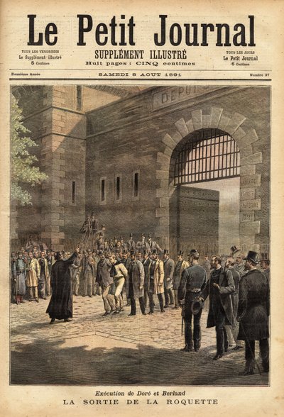 A párizsi börtön 1891. július 27-i rakéta alóli kiszabadulása, Dore és Berland bűnözőket halálra ítélték. Henri Meyer metszete a „” Le petit journal”-ban 1891.08.08. Selva gyűjteménye. alkotó: Unknown artist