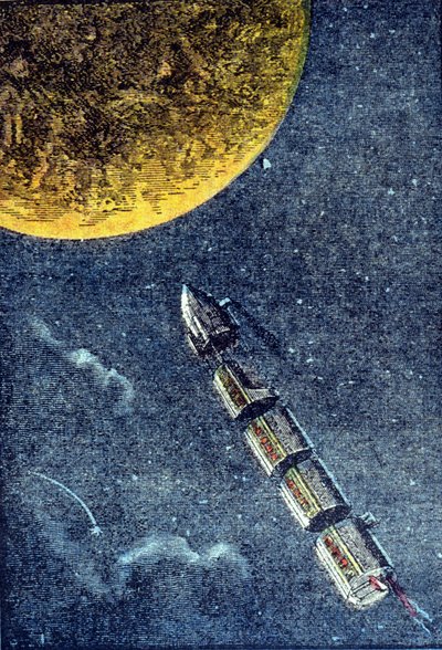 A rakéta a Holdra érkezve indult az űrbe - grav. Jules Verne „From the Earth to the Moon” című művében alkotó: Unknown artist
