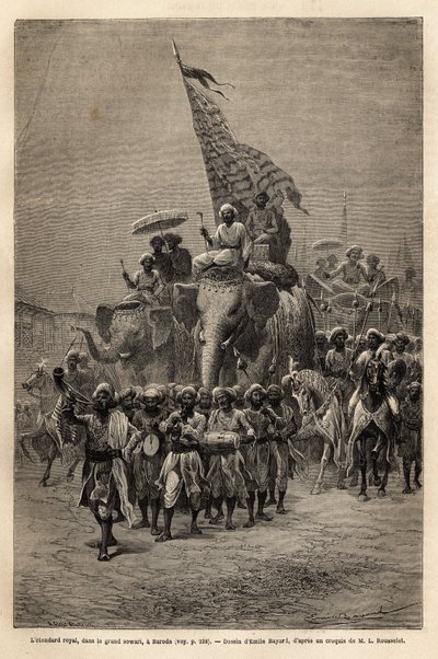 A királyi zászló a sowariban (katonai körmenetben), Barodában (vagy Vadodara), Gujarat államban, India északkeleti partján. Louis Rousselet 1864-1868-as metszete a rádzsák indiai utazásának illusztrálására, megjelent a Le tour du monde alkotó: Unknown artist