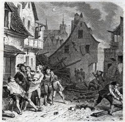 A lillei borotválkozó edény. Egy epizód Lille 1792-es ostromából a francia függetlenségi háborúk idején - Le siege de Lille en octobre 1792 - Revolution francaise - Osztrákok és poroszok bombázása - Borbély fél bombát használ szakálltányérként - engr alkotó: Unknown artist