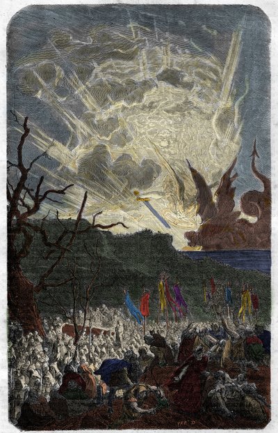 Az ezres (1000) év babonásai (félelmei): a világvége. Metszet a „Histoire des Papes-Rois-Queen and Empereurs a travers les centuries” című könyvébe, Maurice Lachatre alkotó: Unknown artist