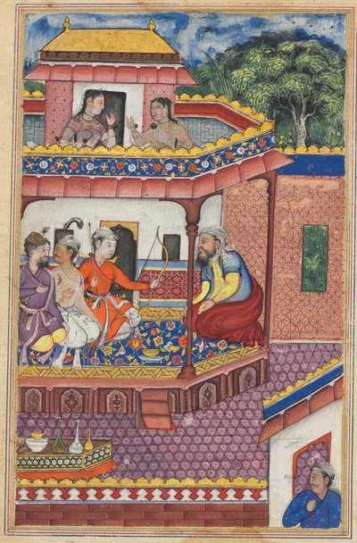 A három fiatal férfi kérőként jelentkezik Zuhra, a kabuli kereskedő lánya kezére, egy Tuti-namából (Papagáj meséi): Harmincnegyedik éjszaka alkotó: Unknown artist