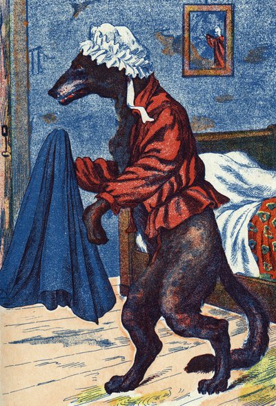 A farkas felveszi a nagymama ruháit. Névtelen illusztráció a „Piroska” című meséhez, Charles Perrault (1628-1703) francia írótól. Képek Marcel Vagne, Jarville Nancy, dátum nélküli (19. század vége). alkotó: Unknown artist