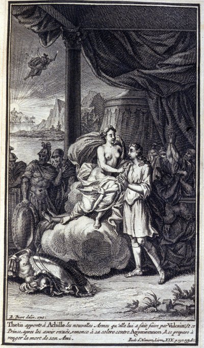 Thetis elhozza Akhilleusznak az új fegyvereket, amelyeket Vulkán készített neki; és ez a herceg, miután megkapta őket, lemond Agamemnon elleni haragjáról, és arra készül, hogy megbosszulja barátja halálát. Homérosz Iliászának XIX. könyvének illusztrációja, alkotó: Unknown artist
