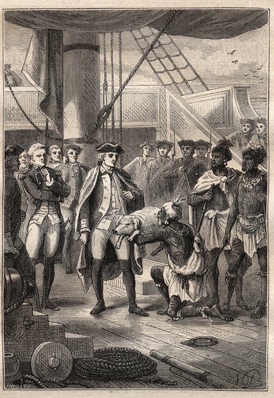 James Cook (1728-1779) kapitány harmadik útja (1776-1779): Koah pap egy kismalacot ajánl Cooknak a Resolution (Hawaii) hajó fedélzetén – illusztráció a „18. századi nagy tengerészek” című könyvből. alkotó: Unknown artist
