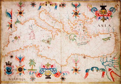 Ez a fajta korai pergamen tengeri térkép a Földközi-tengeren keletkezett a 13. században. 1610 körül (kézirat). alkotó: Unknown artist