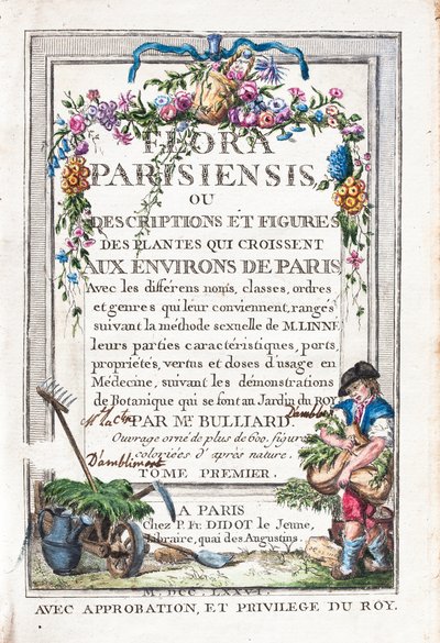 Az 1. kötet címlapja, Flora Parisiensis vagy A Párizs környékén élő növények leírása és ábrái alkotó: Unknown artist