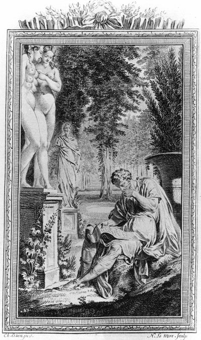Titus Lucretius Carus (Lucrece) római filozófus és költő a "De Rerum Natura" című művében, 18. századi metszet. alkotó: Unknown artist