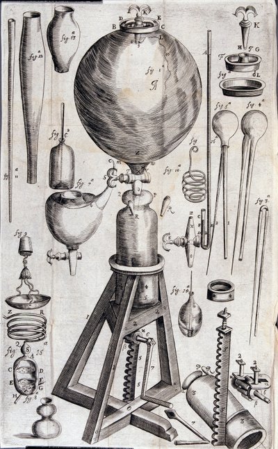 Eszközök tudományos kísérletekhez - Robert Boyle "Új fizikai-mechanikai kísérletek a rugalmas légerővel és hatásaival kapcsolatban, nagyrészt egy új pneumatikus gépben" alkotó: Unknown artist