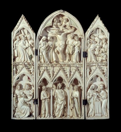 Saint-Sulpice du Tarn triptichonja: kereszthordozás, keresztre feszítés, keresztre ereszkedés, mágusok imádása, Dicsőséges Szűz, Bemutató a templomban. Faragott elefántcsont domborműves harisnya. 1300 körül Párizs, Középkori Nemzeti Múzeum, Thermes d alkotó: Unknown artist