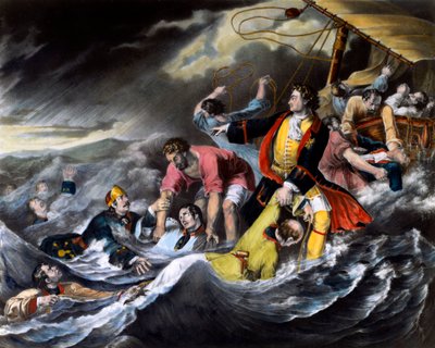 I. Nagy Péter cár (1672-1725) megmenti a katonákat a vízbe fulladástól a viharban. Névtelen nyomtatvány 1724 körül. Szentpétervár. Az Ermitázs könyvtára alkotó: Unknown artist