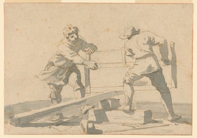 Két férfi deszkát fűrészel alkotó: Unknown artist