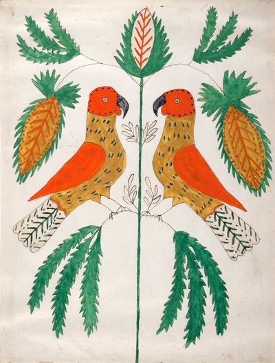 Két piros és sárga papagáj egymással szemben (zöld levelek) alkotó: Unknown artist
