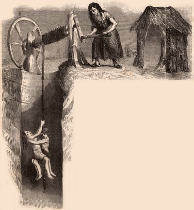 Két kimerült gyereket vitt ki egy angol szénbányából egy nő csörlővel (metszet) alkotó: Unknown artist