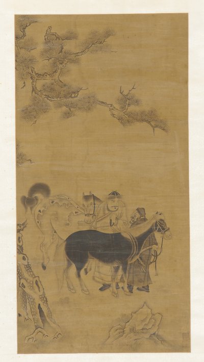 Két férfi és két ló egy fenyő alatt alkotó: Unknown artist