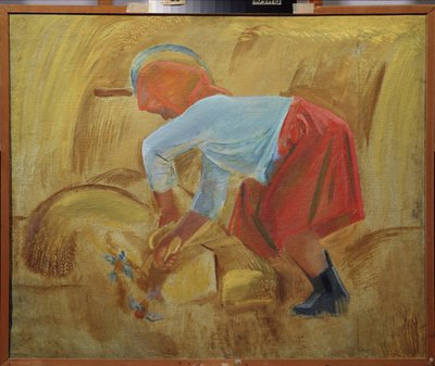 Aratógép sarlóval a fején. Alekszej Fjodorovics Pakhomov (1900-1973) festménye, olaj, vászon alkotó: Unknown artist