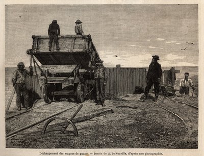 Guanóvagonok kirakodása a Chincha-szigeteken (Csendes-óceán, Peru délnyugati partja közelében), amelynek fő érdeke a guanólelőhelyek (műtrágyaként használt) kiaknázása volt, a gránitsziklákon lévő lerakódások sokféle menedéket szolgáltak. seabi alkotó: Unknown artist