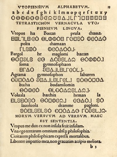 Utopiensium Alphabetum" (Utópiai ábécé) Sir Thomas More (1478-1535) "Utópia" 1518-as harmadik kiadásából, amely először 1516-ban jelent meg. A fametszet az Utópia szigetén használt fiktív nyelvet mutatja be. alkotó: Unknown artist