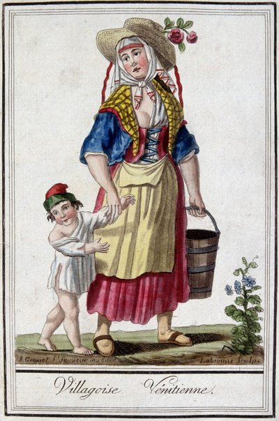 Velencei falu fiával. 18. századi metszet. alkotó: Unknown artist