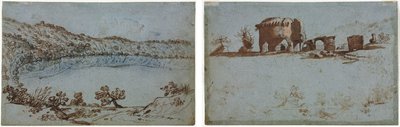 Kilátás a Nemi-tóra (recto) Római romok kis csoportja (verso) alkotó: Unknown artist