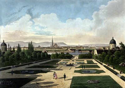 Kilátás a bécsi Belvedere-re, az osztrák barokk palotára, amelyet Eugene de Savoye épített. századi litográfia alkotó: Unknown artist
