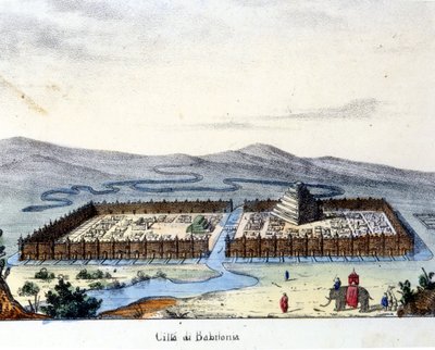 Kilátás az ókori Babilonra: középen a templom és a függőkertek. Égő sd. század eleje. alkotó: Unknown artist