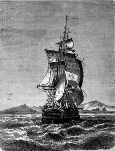 A Novara osztrák fregatt látványa az Indiai-óceáni Szent Pál-sziget előtt 1857-ben. Metszet a XIX. alkotó: Unknown artist