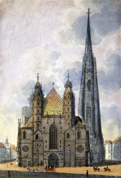 A Szent István-székesegyház (St. Stephen vagy Stephansdom vagy St. Stephane vagy St. Stephan Kirche) látképe Bécsből Ausztriából a 18. század végén. alkotó: Unknown artist