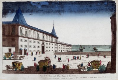 Kilátás az Aveiro herceg házára Lisszabonban, Portugáliában. 18. századi metszet. alkotó: Unknown artist