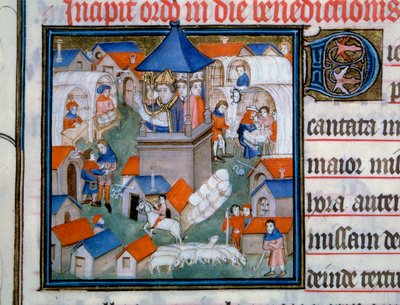 Kilátás a Lendit vásárra, népi összejövetel és séta Saint Denis városában A párizsi estély megáldotta a rendezvény megnyitóját. Miniatűr a „Pontifical de Sens” 14. századi Párizsból, B.N. alkotó: Unknown artist