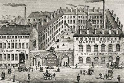 A londoni Mappin Brothers evőeszközgyár látképe. Részlet az 1891-es hirdetésből. Metszet. alkotó: Unknown artist