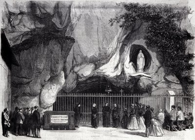 Kilátás a Lourdes-i barlangra a Magas-Pireneusokban, ahol a Szűzanya megjelent Bernadette Soubirousnak (1844-1879) 1858-ban, a jelenlegi zarándokhely. századi metszet alkotó: Unknown artist