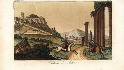 Kilátás Athén városára, Görögországra, balra az Akropolisszal és Parthenonnal, előtte oszlopok, emlékművek és Propylaea romjai alkotó: Unknown artist