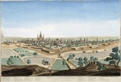 Kilátás Milánó városára, Olaszországban a katedrálissal és az erődítményekkel. 18. századi metszet. alkotó: Unknown artist