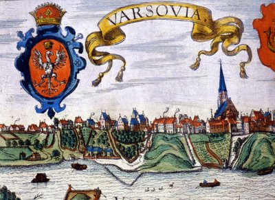 Varsó városának kilátása a város címerével. 1780. alkotó: Unknown artist