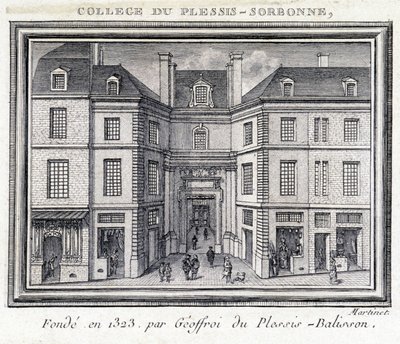 Kilátás a Plessis Sorbonne (Párizs) főiskola külső homlokzatára, amelyet 1323-ban alapított Geoffroy of Plessis Balisson, amelyet 1848 és 1849 között használt az ENA. A metszet a párizsi Musee Carnavaletben maradt fenn. alkotó: Unknown artist